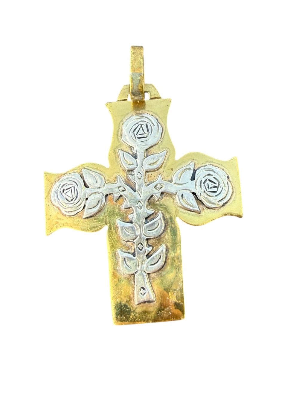 JEEP COLLINS Vintage Sterling and Brass Cross Pendant with Rose Thorns Design
